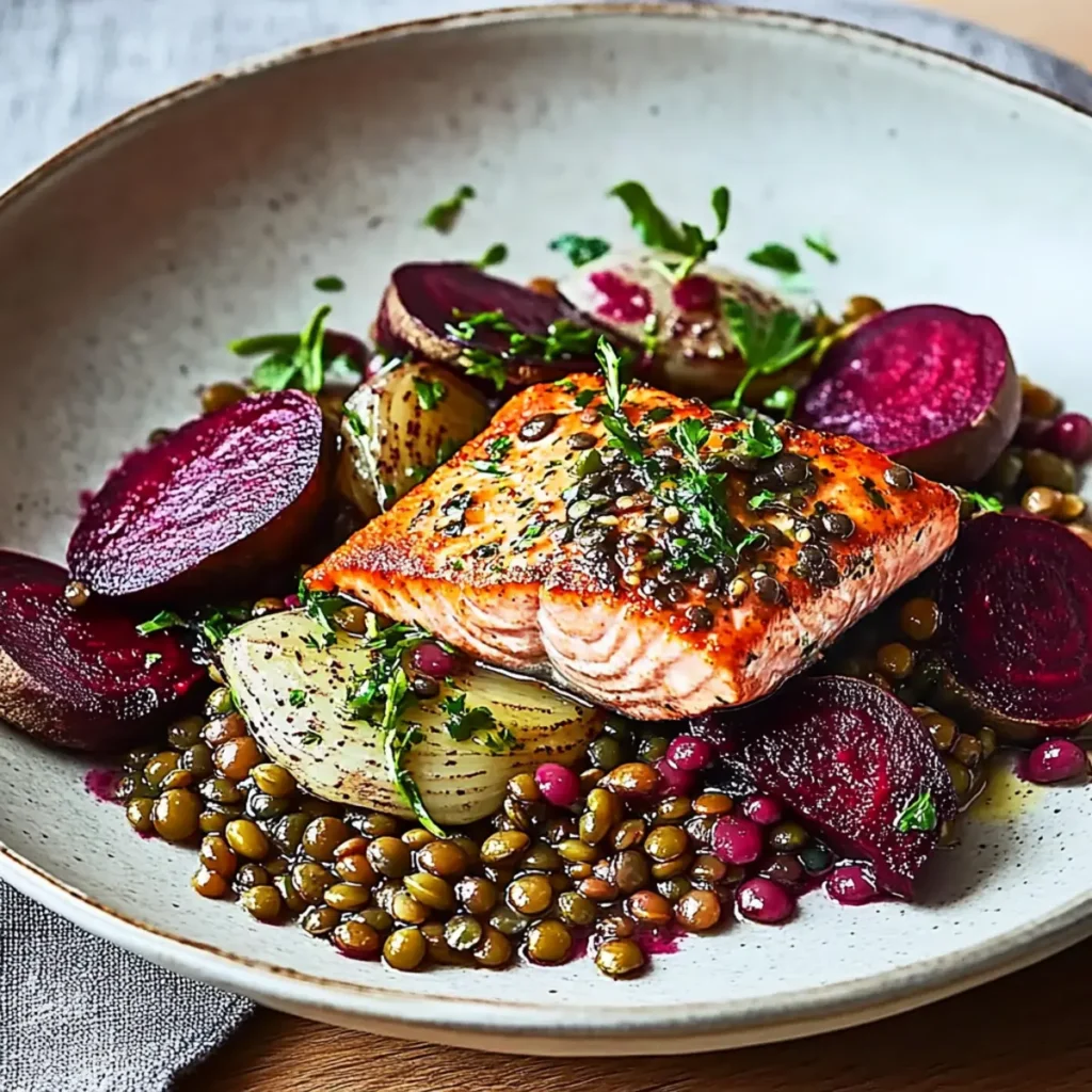 Mustardy Salmon with Beetroot and Lentils