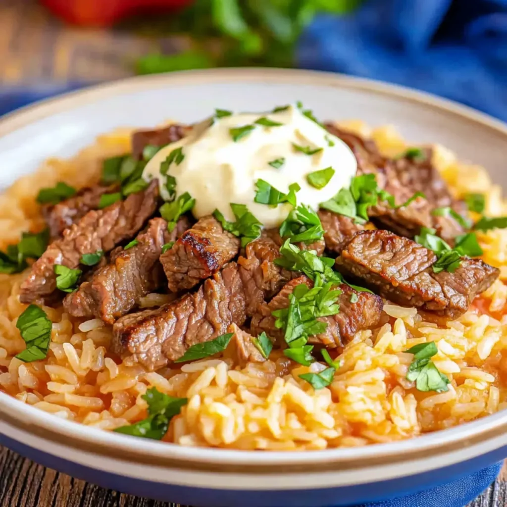 Queso Rice with Steak Strips