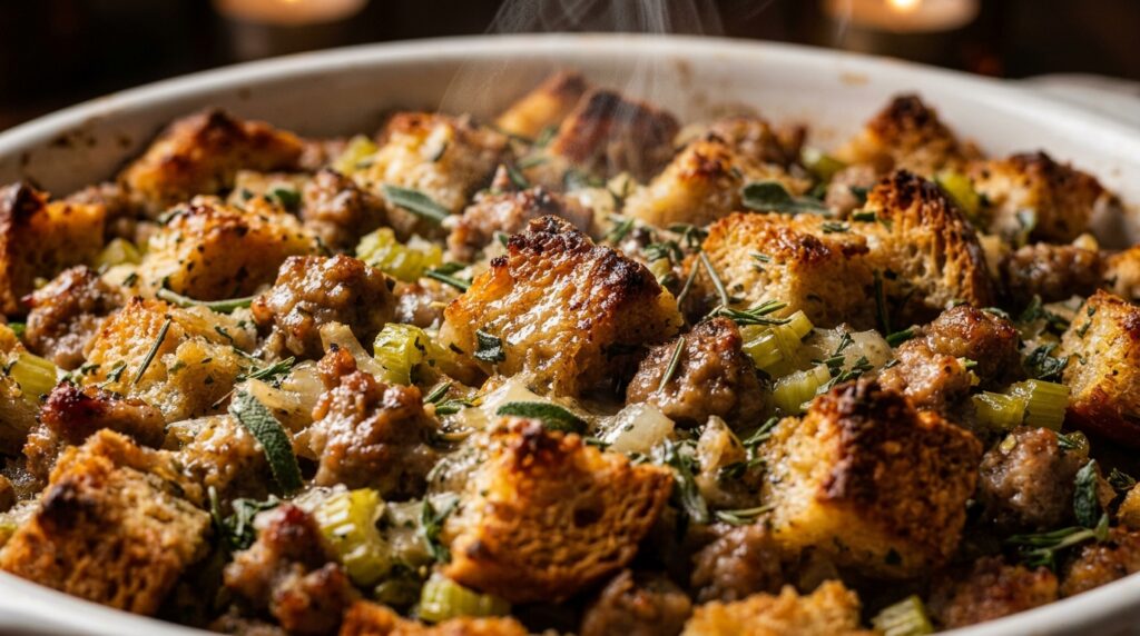 Ultra close-up macro of golden crisp baked sausage and herb stuffing in baking dish