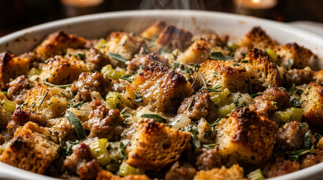 Ultra close-up macro of golden crisp baked sausage and herb stuffing in baking dish