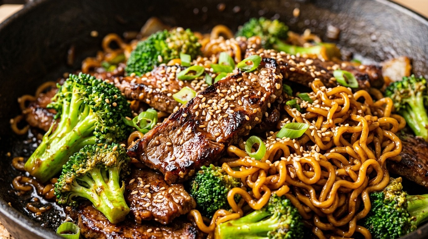 Ultra close-up macro of sizzling beef and broccoli ramen stir fry in a cast-iron skillet with toasted sesame seeds