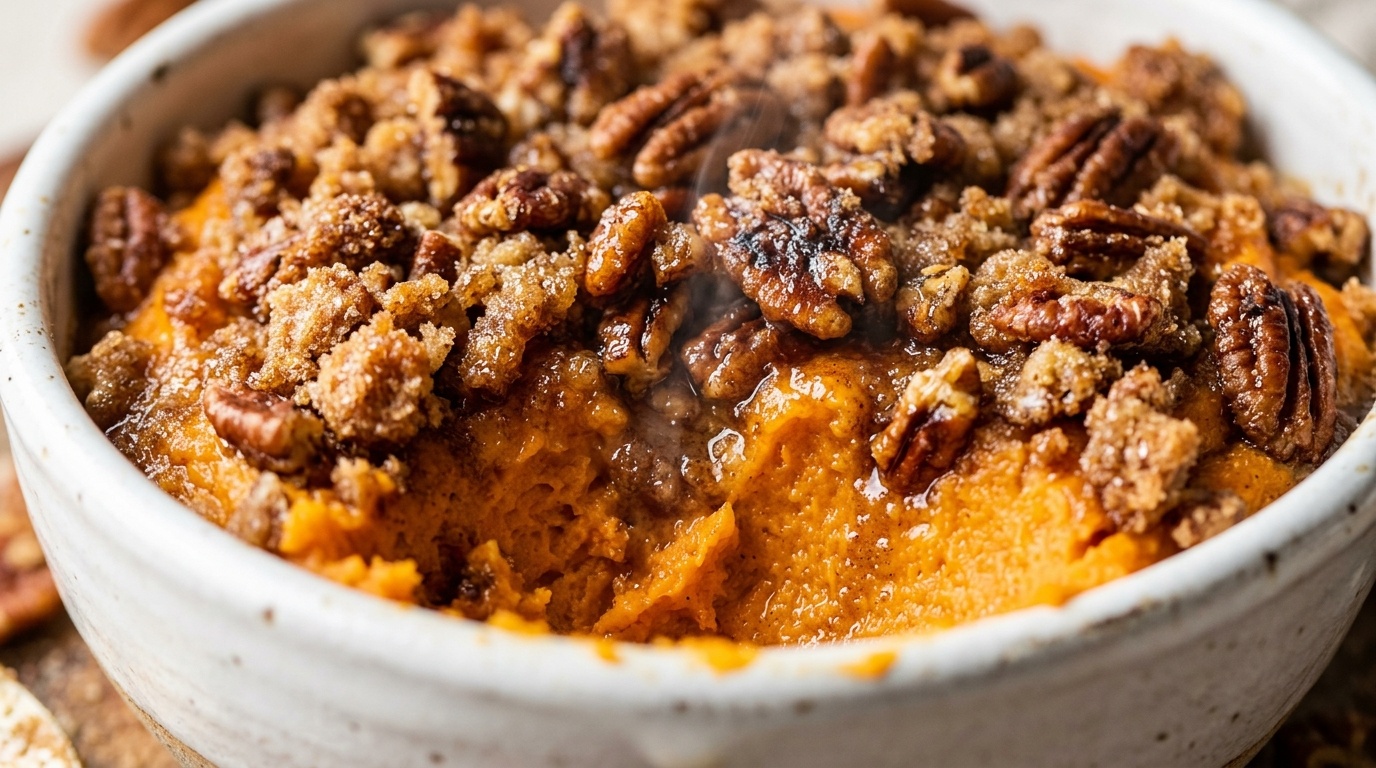 Ultra close-up macro of steaming scoop of brown butter whipped sweet potato casserole with crunchy toasted pecan streusel