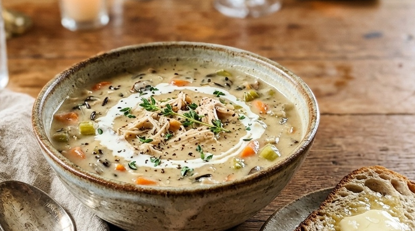 Ultra close-up macro of cozy autumn creamy chicken and wild rice soup in rustic ceramic bowl