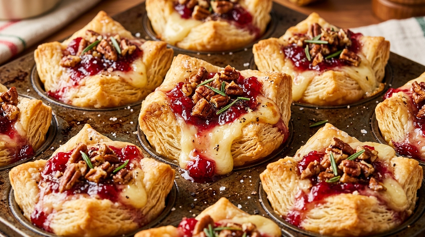 Ultra close-up macro of freshly baked cranberry pecan brie puff pastry bites with molten cheese pulling and toasted pecans