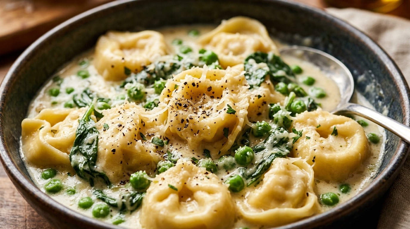 Ultra close-up macro of creamy garlic parmesan tortellini with sweet peas and wilted spinach
