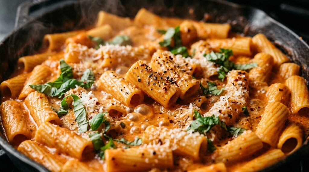 Ultra close-up macro of creamy tomato basil rigatoni pasta simmering in a cast iron skillet