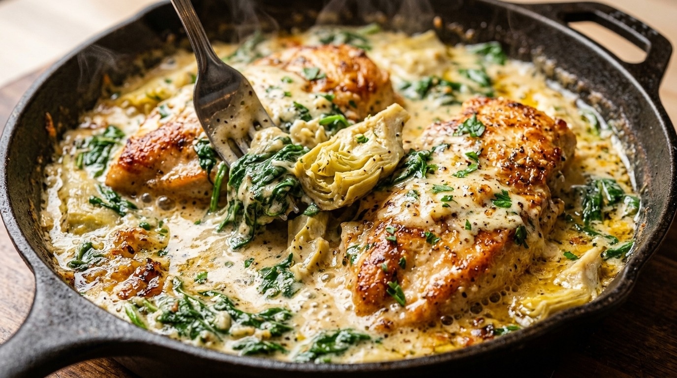 Ultra close-up macro of creamy spinach and artichoke chicken skillet with golden seared cutlets and bubbling parmesan sauce