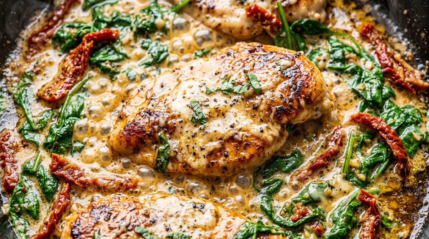 Ultra close-up macro of creamy tuscan garlic butter chicken cutlets simmering in a skillet