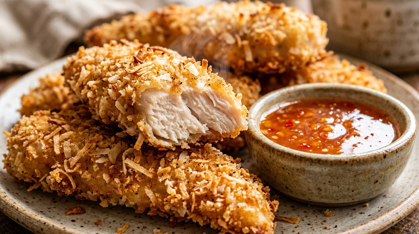 Ultra close-up macro of crispy baked coconut chicken tenders with toasted golden coconut flakes and sweet chili dip