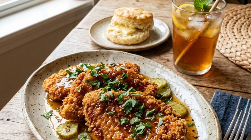 Ultra close-up macro of crispy baked hot honey chicken cutlets drizzled with chili honey glaze