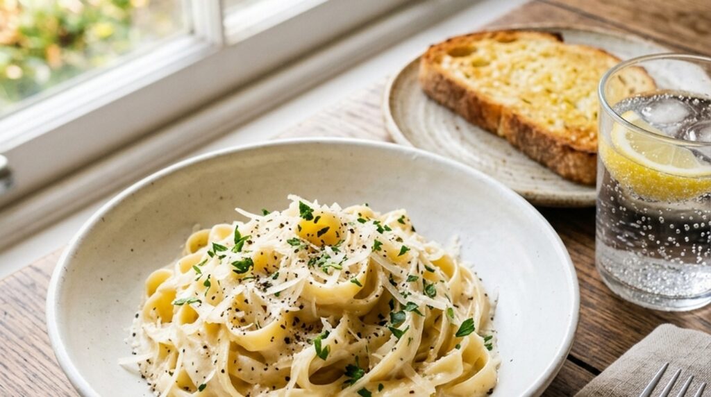 Ultra close-up macro of creamy garlic parmesan fettuccine alfredo twirled in a skillet