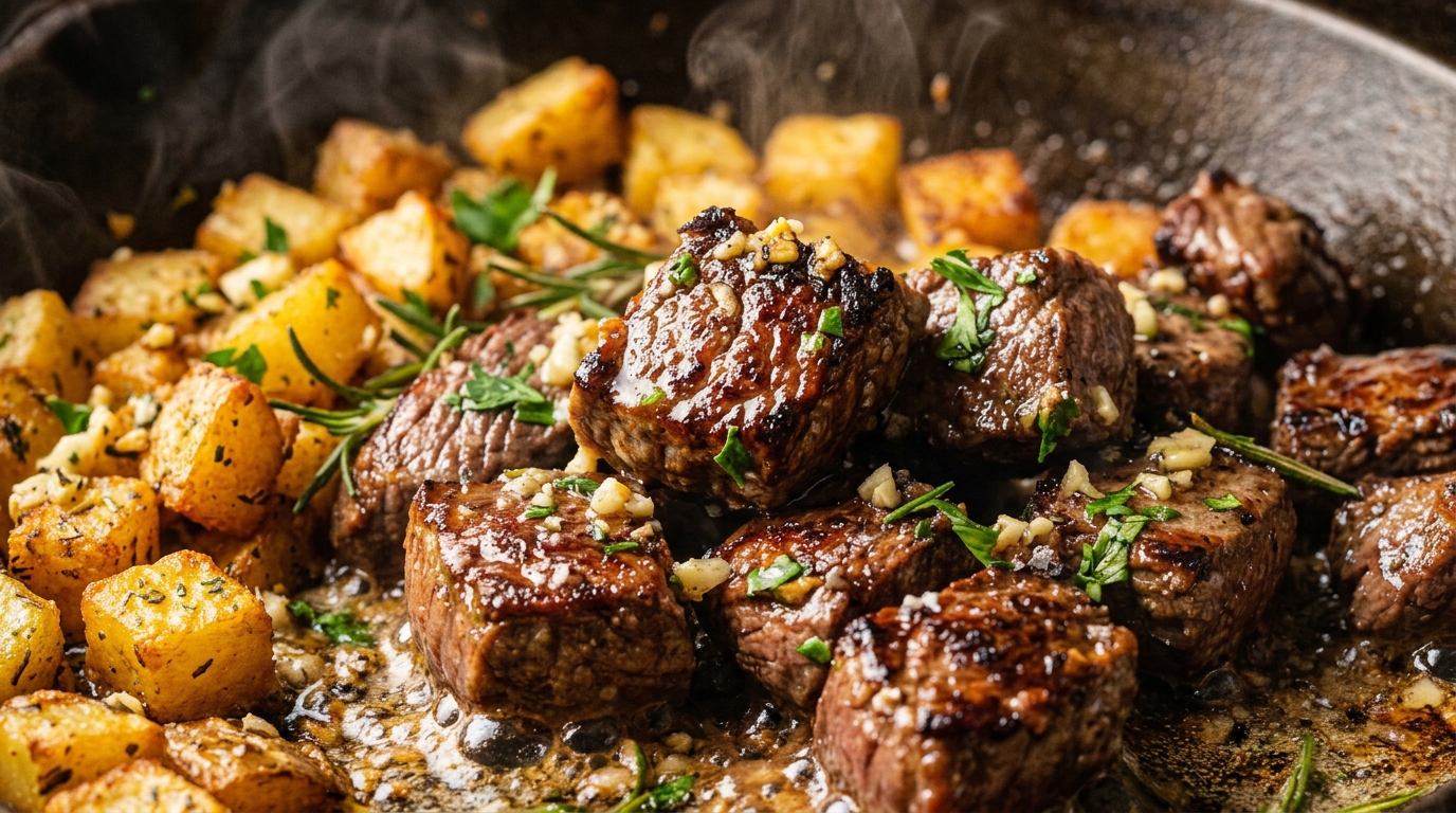 Ultra close-up macro of sizzling garlic butter steak bites with crispy potatoes in cast iron skillet