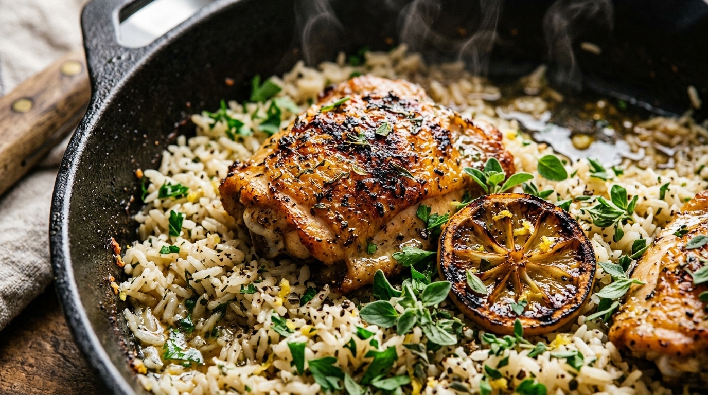 Ultra close-up macro of crispy lemon herb chicken thighs and seasoned rice in a cast iron skillet