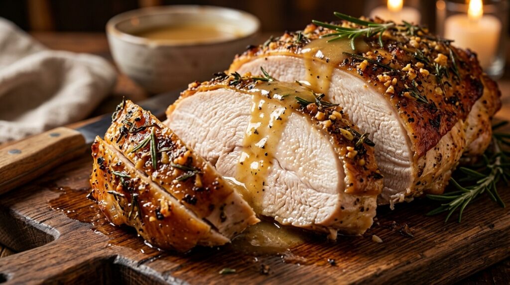 Ultra close-up macro of juicy garlic herb roast turkey breast sliced with herb pan gravy