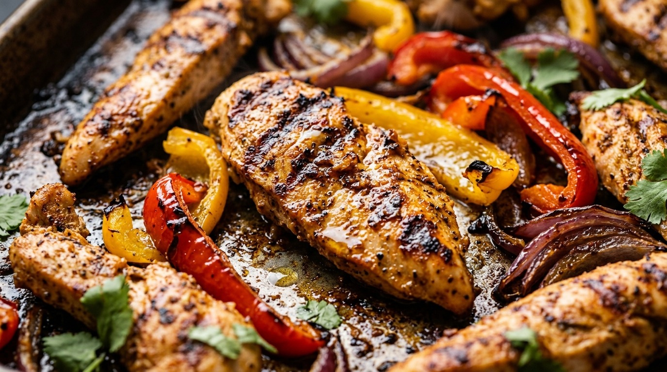 Ultra close-up macro of sizzling sheet pan chicken fajitas with charred bell peppers and lime crema