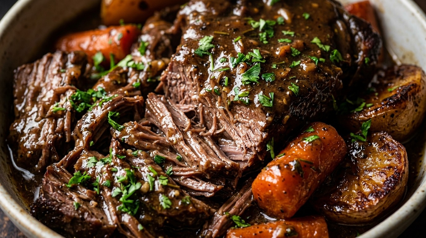Ultra close-up macro of fork-tender slow cooker beef pot roast smothered in rich dark brown herb gravy with caramelized carrots