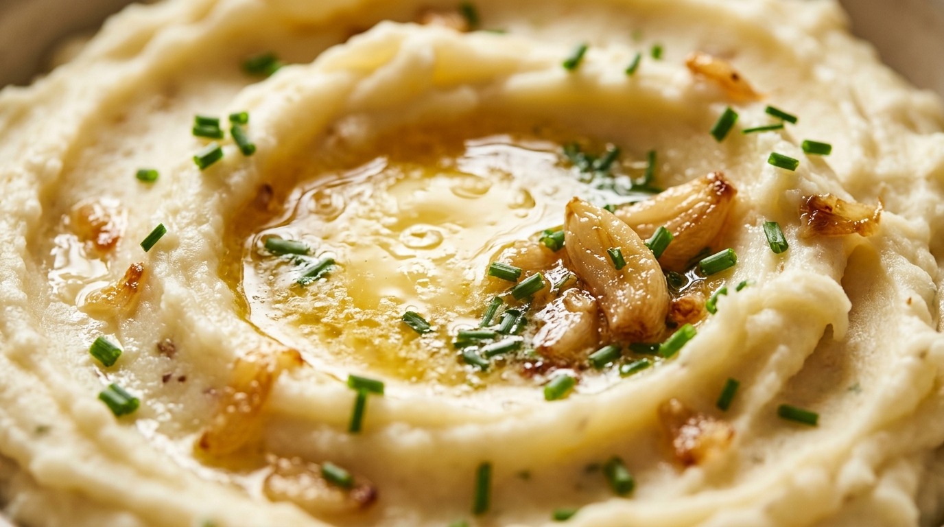 Ultra close-up macro of ultra creamy roasted garlic mashed potatoes with pool of melted butter and fresh chives