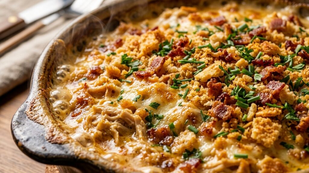 Ultra close-up macro of bubbling baked Million Dollar Chicken casserole with melted cream cheese and crispy golden Ritz cracker topping