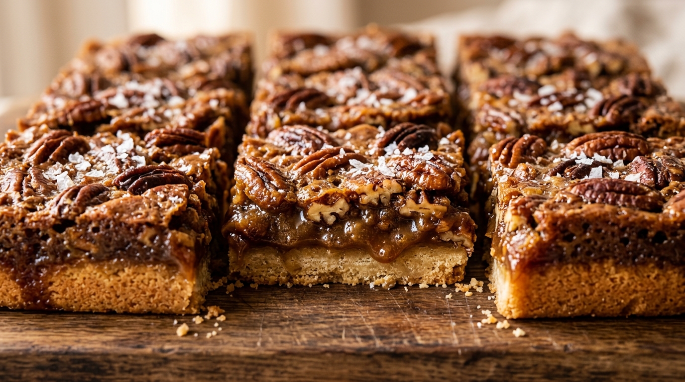Ultra close-up macro of gooey brown butter pecan pie bars with caramelized toasted pecans and flaky sea salt