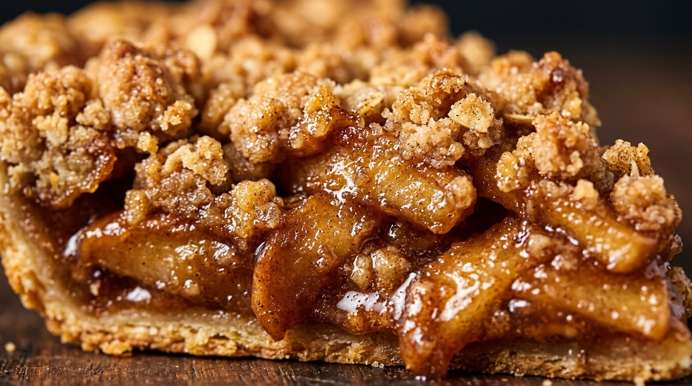 Ultra close-up macro of a slice of warm Dutch apple pie showing spiced apple filling and golden brown sugar streusel crumble