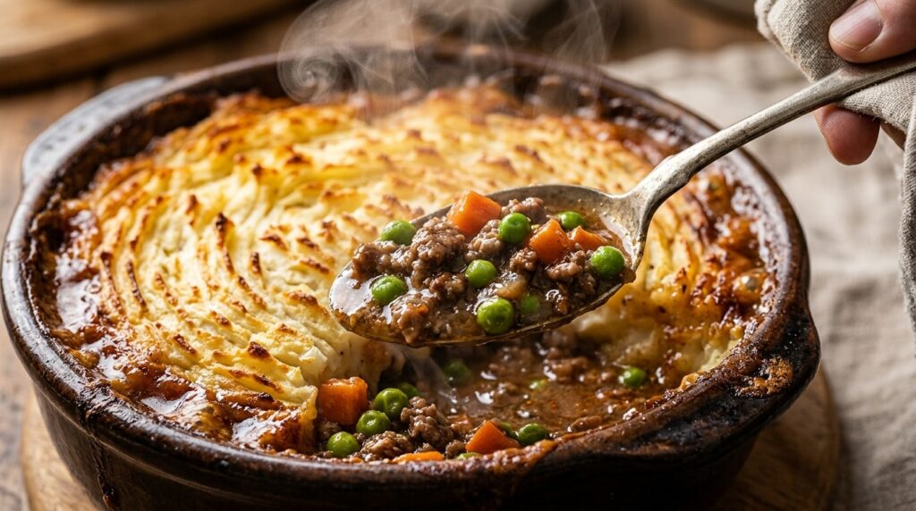Ultra close-up macro of bubbling homestyle shepherd's pie with crispy golden mashed potato peaks and rich savory beef gravy