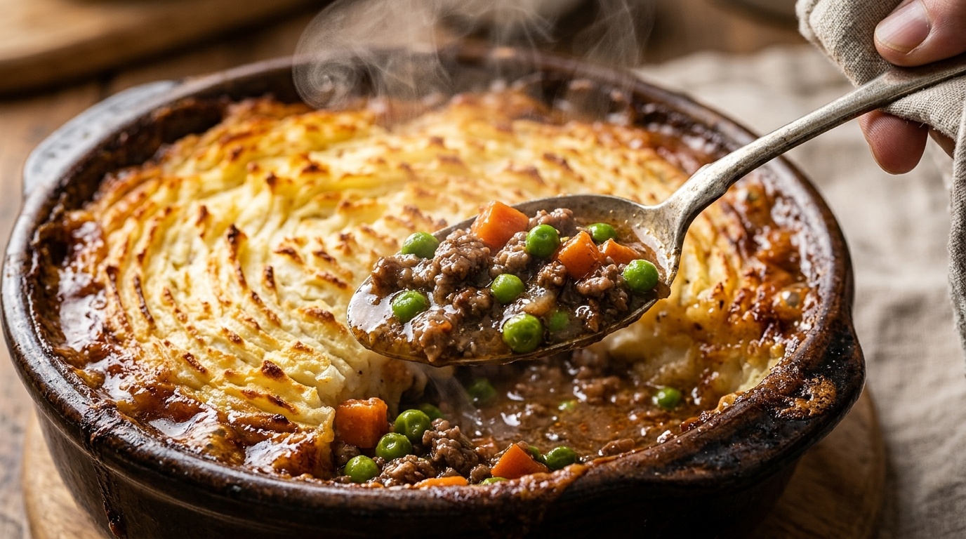 Ultra close-up macro of bubbling homestyle shepherd's pie with crispy golden mashed potato peaks and rich savory beef gravy