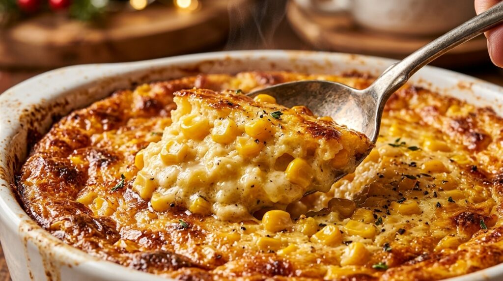 Ultra close-up macro of warm golden-brown baked Southern creamy corn pudding in a white casserole dish with vintage silver spoon scooping