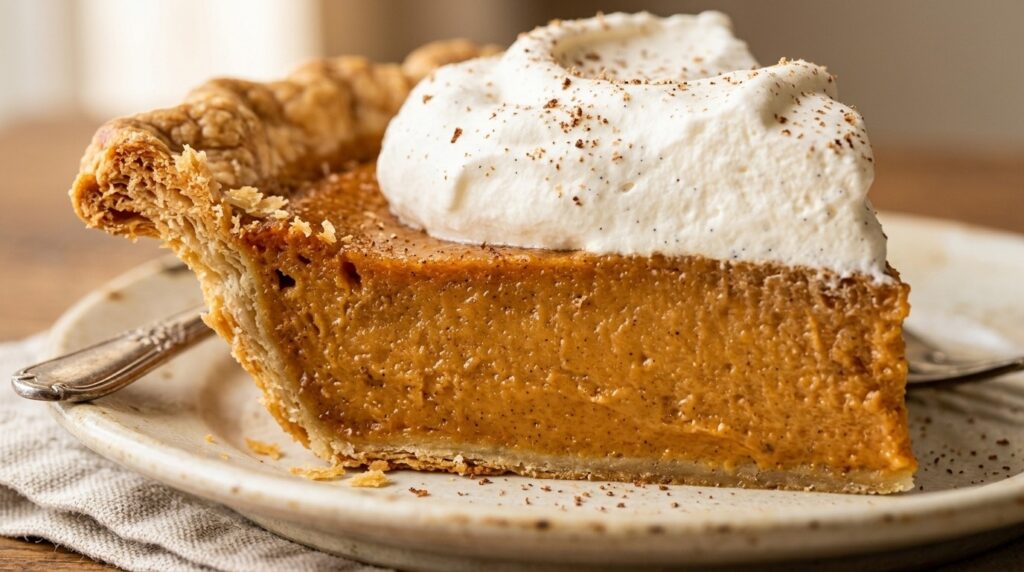 Ultra close-up macro of a slice of classic Southern sweet potato pie with silky golden custard and whipped cream