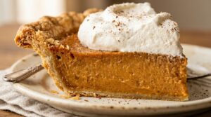 Ultra close-up macro of a slice of classic Southern sweet potato pie with silky golden custard and whipped cream