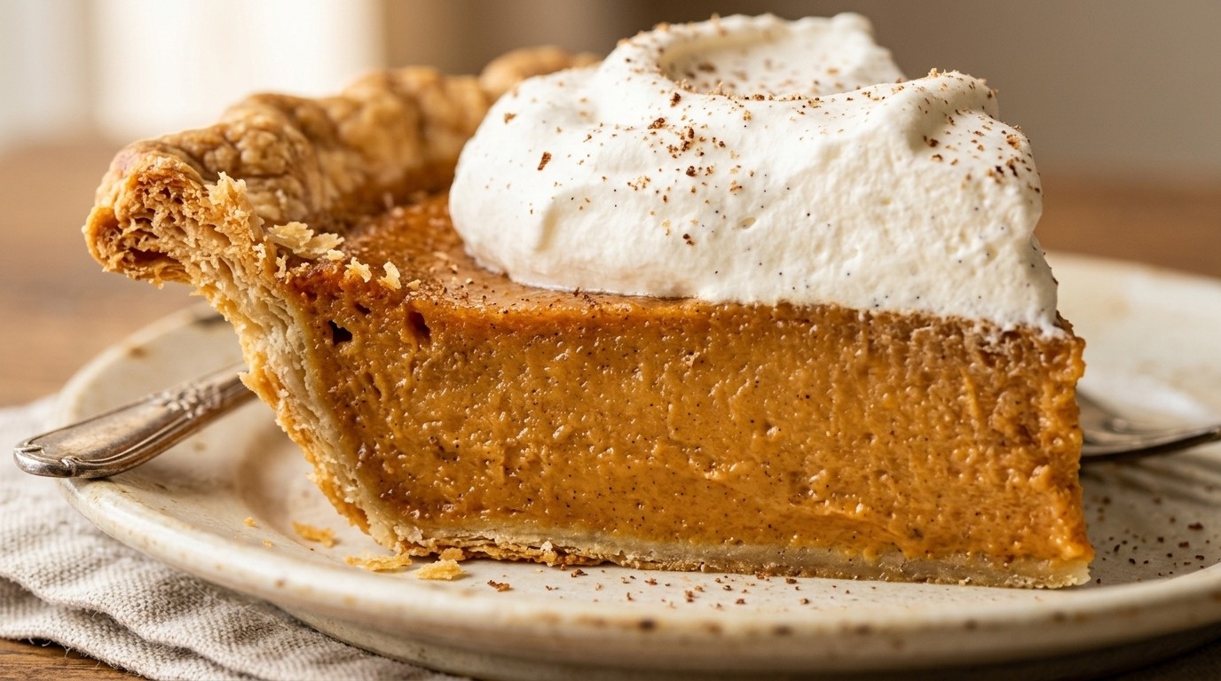 Ultra close-up macro of a slice of classic Southern sweet potato pie with silky golden custard and whipped cream