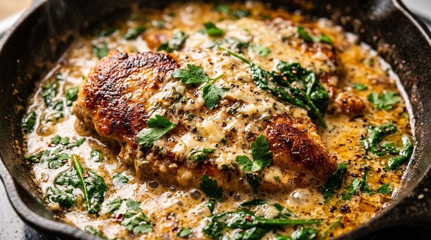 Ultra close-up macro of golden pan-seared chicken cutlet simmering in bubbly garlic parmesan cream sauce