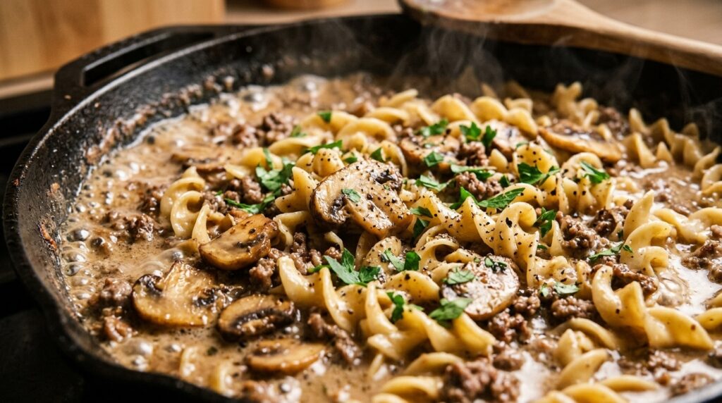 Ultra close-up macro of creamy ground beef stroganoff with curled egg noodles and sliced mushrooms in bubbling sour cream gravy