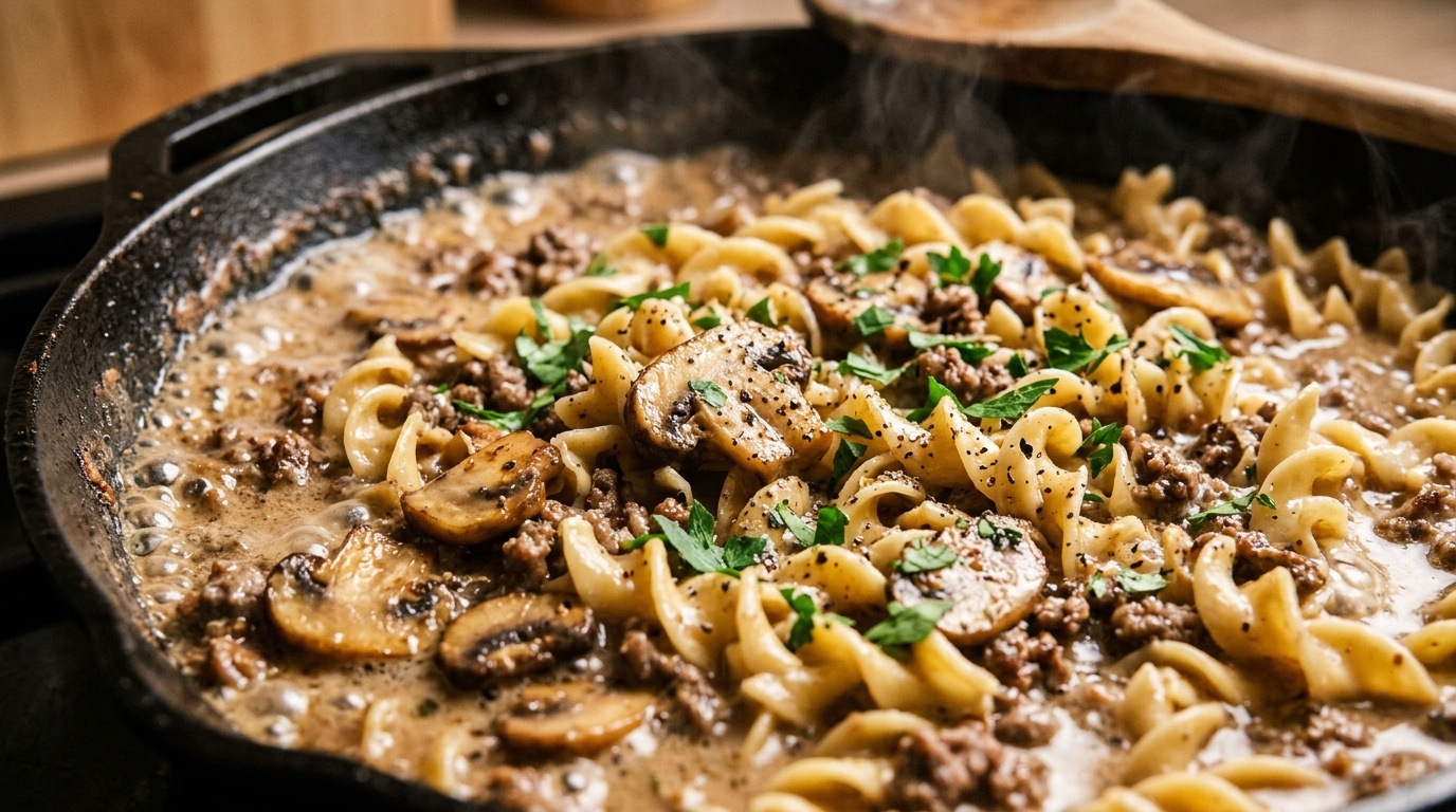 Ultra close-up macro of creamy ground beef stroganoff with curled egg noodles and sliced mushrooms in bubbling sour cream gravy
