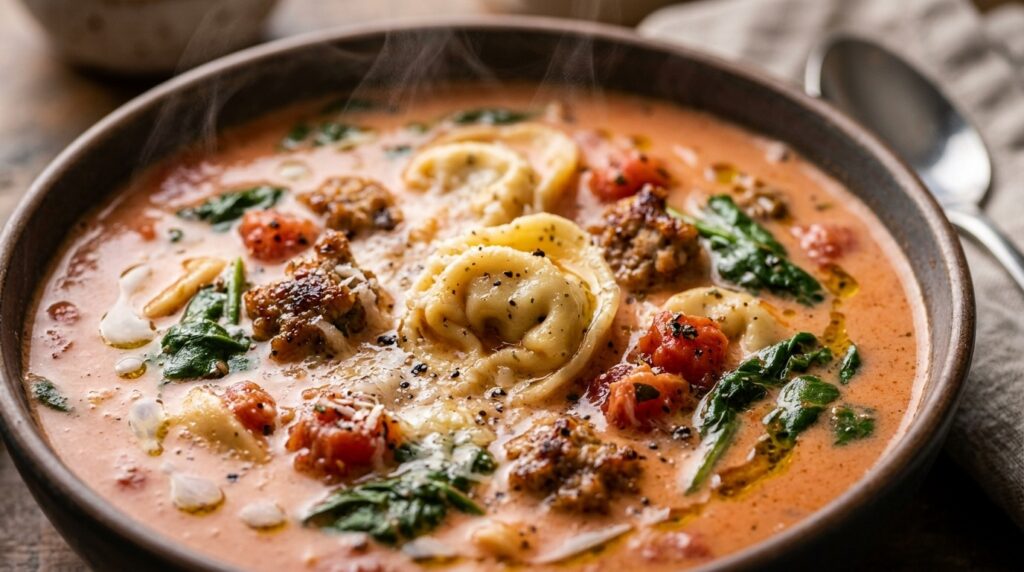 Ultra close-up macro of bubbling creamy Italian sausage tortellini soup with spinach and grated parmesan