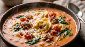 Ultra close-up macro of bubbling creamy Italian sausage tortellini soup with spinach and grated parmesan