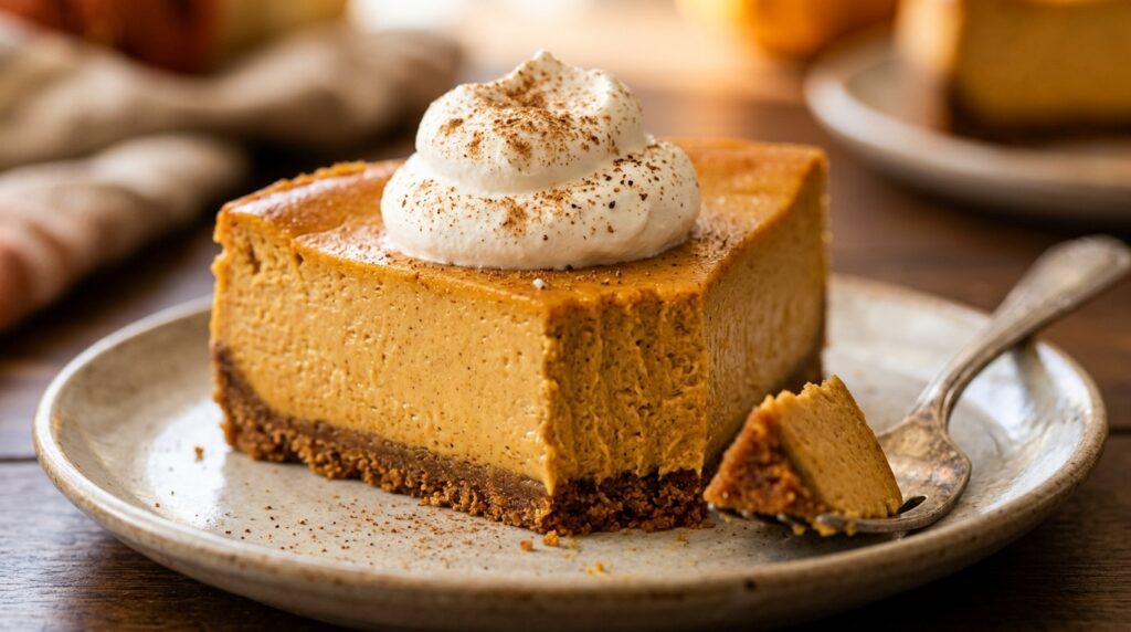Ultra close-up macro of velvety slice of creamy spiced pumpkin cheesecake with dark gingersnap crust and whipped cream swirl