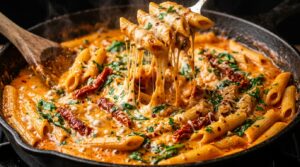 Ultra close-up macro of bubbling creamy sun-dried tomato garlic pasta with parmesan and wilted spinach