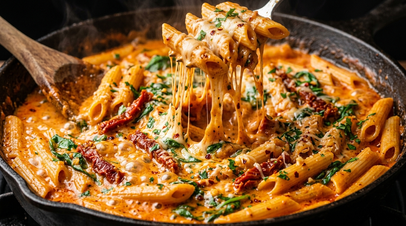 Ultra close-up macro of bubbling creamy sun-dried tomato garlic pasta with parmesan and wilted spinach