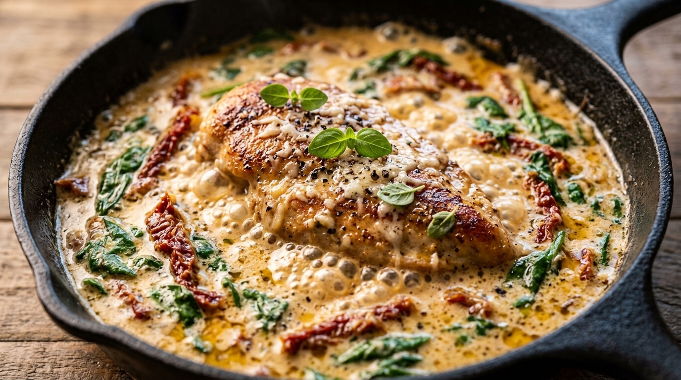 Ultra close-up macro of pan-seared golden chicken cutlets simmering in bubbling garlic sun-dried tomato parmesan cream sauce with spinach