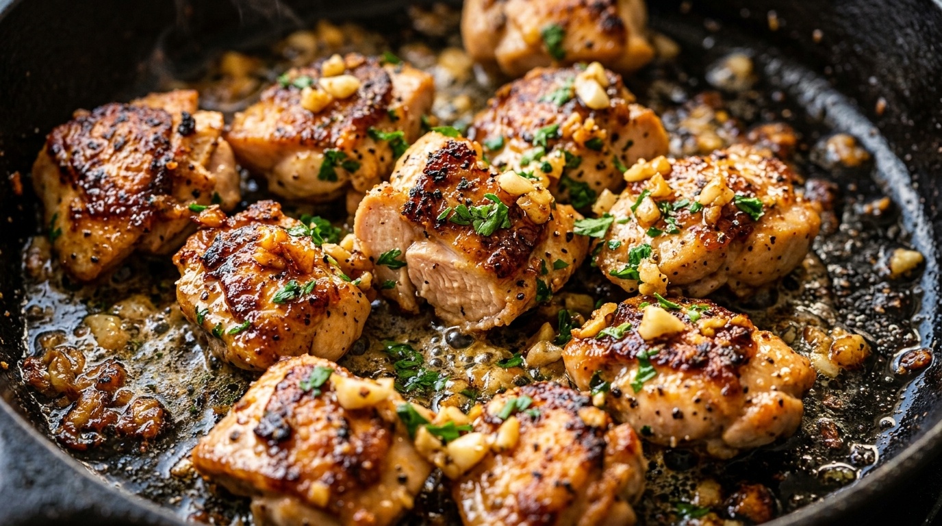 Ultra close-up macro of crispy golden garlic butter chicken bites sizzling in melted herb butter