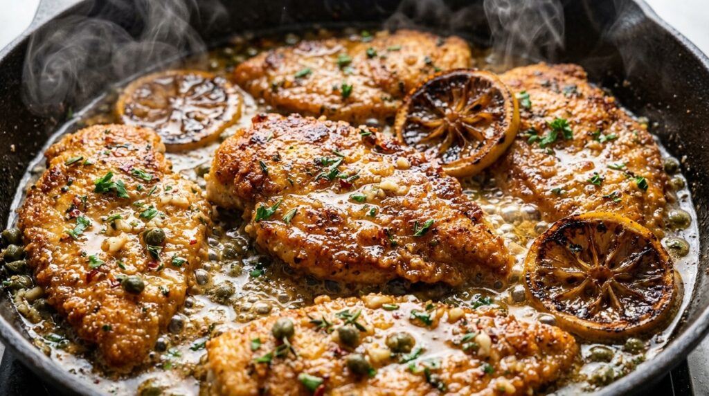 Ultra close-up macro of pan-seared crispy lemon herb butter chicken cutlets in a hot skillet with bubbling pan sauce and herbs