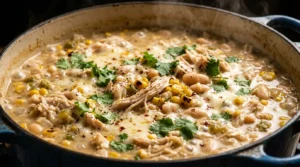 Ultra close-up macro of creamy Cajun chicken pasta with blackened chicken and bell peppers in skillet
