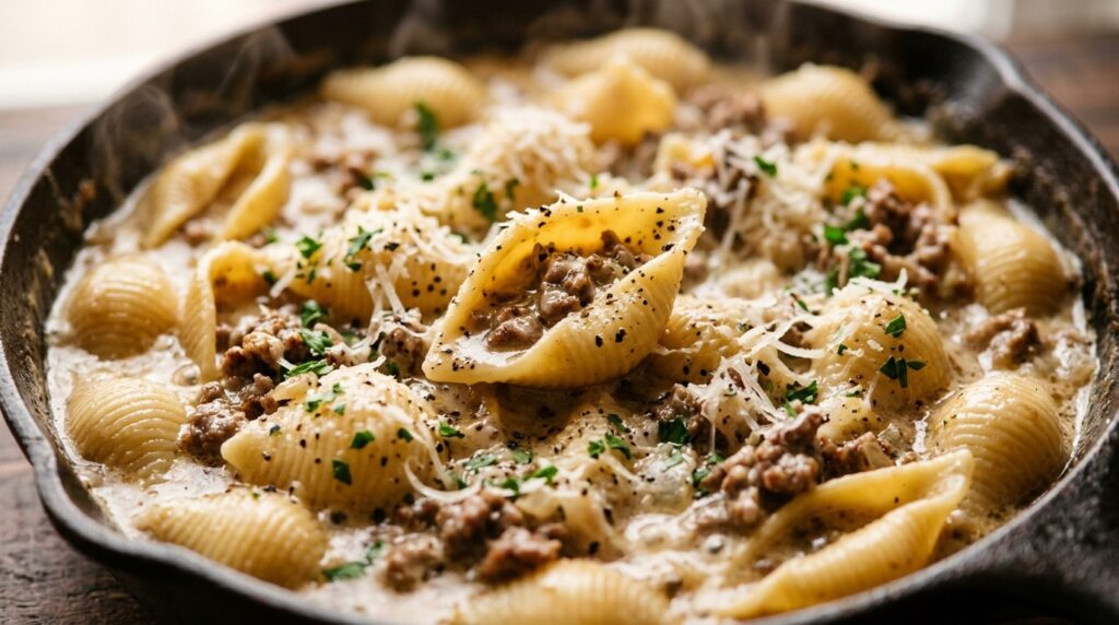 Ultra close-up macro of one-pot creamy parmesan beef pasta in a deep skillet with rich cream sauce and fresh parsley