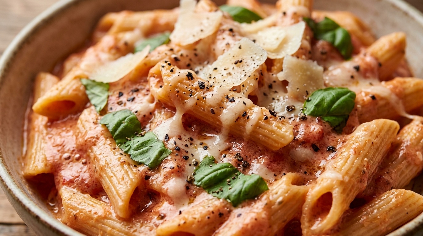 Ultra close-up macro of creamy tomato basil pasta with melted parmesan cheese and fresh torn basil