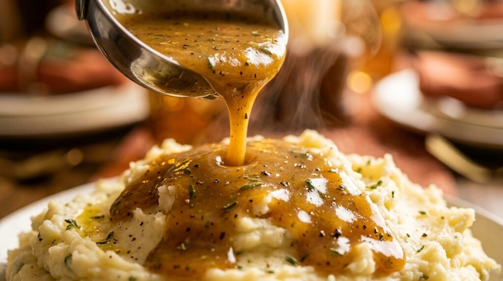 Ultra close-up macro of rich velvety golden-amber turkey gravy ladled in a silky ribbon over fluffy mashed potatoes