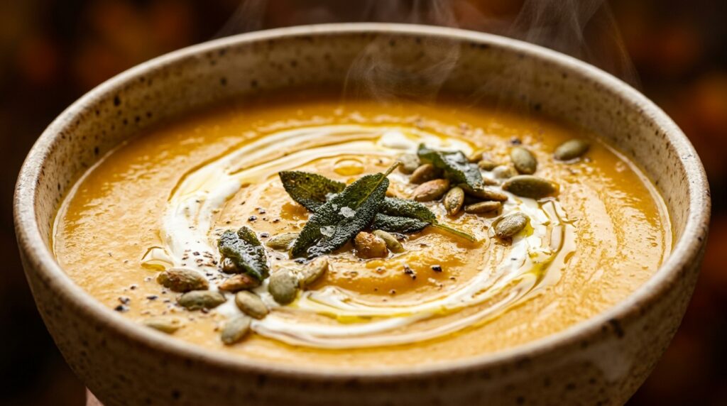 Ultra close-up macro of velvety roasted butternut squash soup with cream swirl and pepitas
