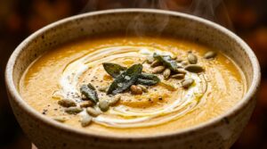Ultra close-up macro of velvety roasted butternut squash soup with cream swirl and pepitas