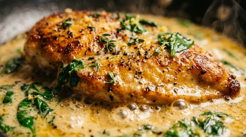 Ultra close-up macro of roasted garlic butter salmon fillets and tender asparagus on baking sheet
