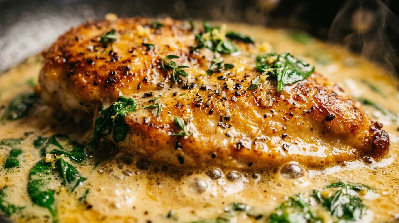 Ultra close-up macro of roasted garlic butter salmon fillets and tender asparagus on baking sheet