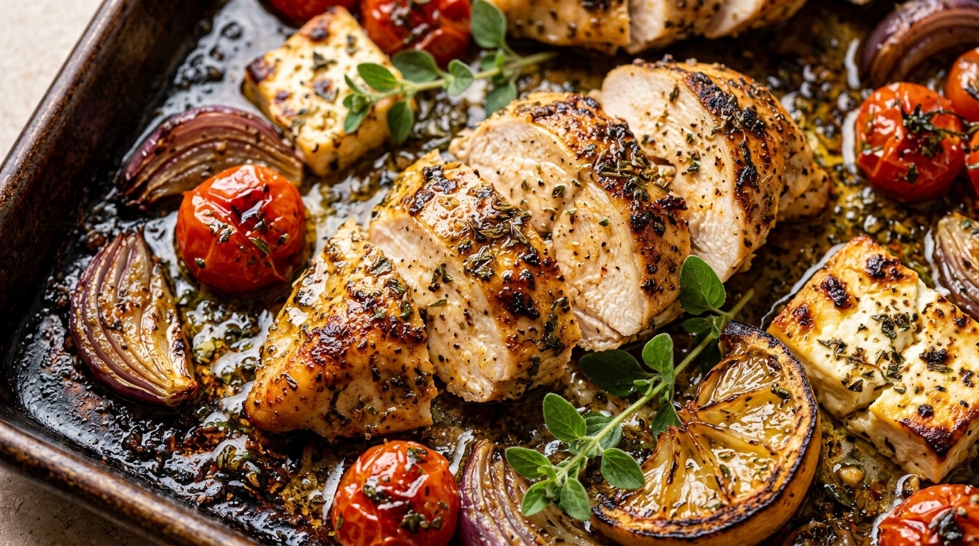 Ultra close-up macro of roasted Greek lemon herb chicken breast slices with charred peppers, red onions, and blistered feta on baking sheet